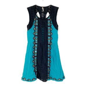 Free People | Water Lily Turquoise Black Crochet Embroidered Aztec Mini Dress